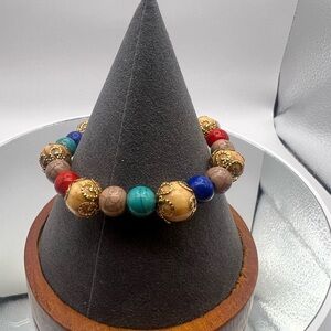 Brand New Chakra Healing Bracelet Gold Filigree Wood Beads Boho